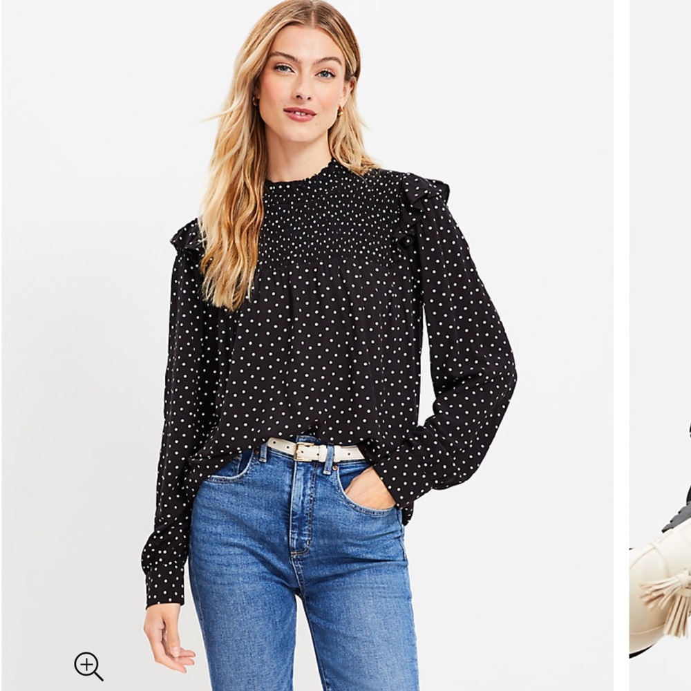 LOFT Black Polka Dot Smocked Yoke Blouse